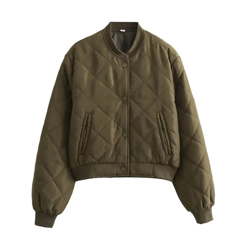 Women's Quilted Polyester Bomber Jacket | Stylish Cropped Winter Outerwear 8