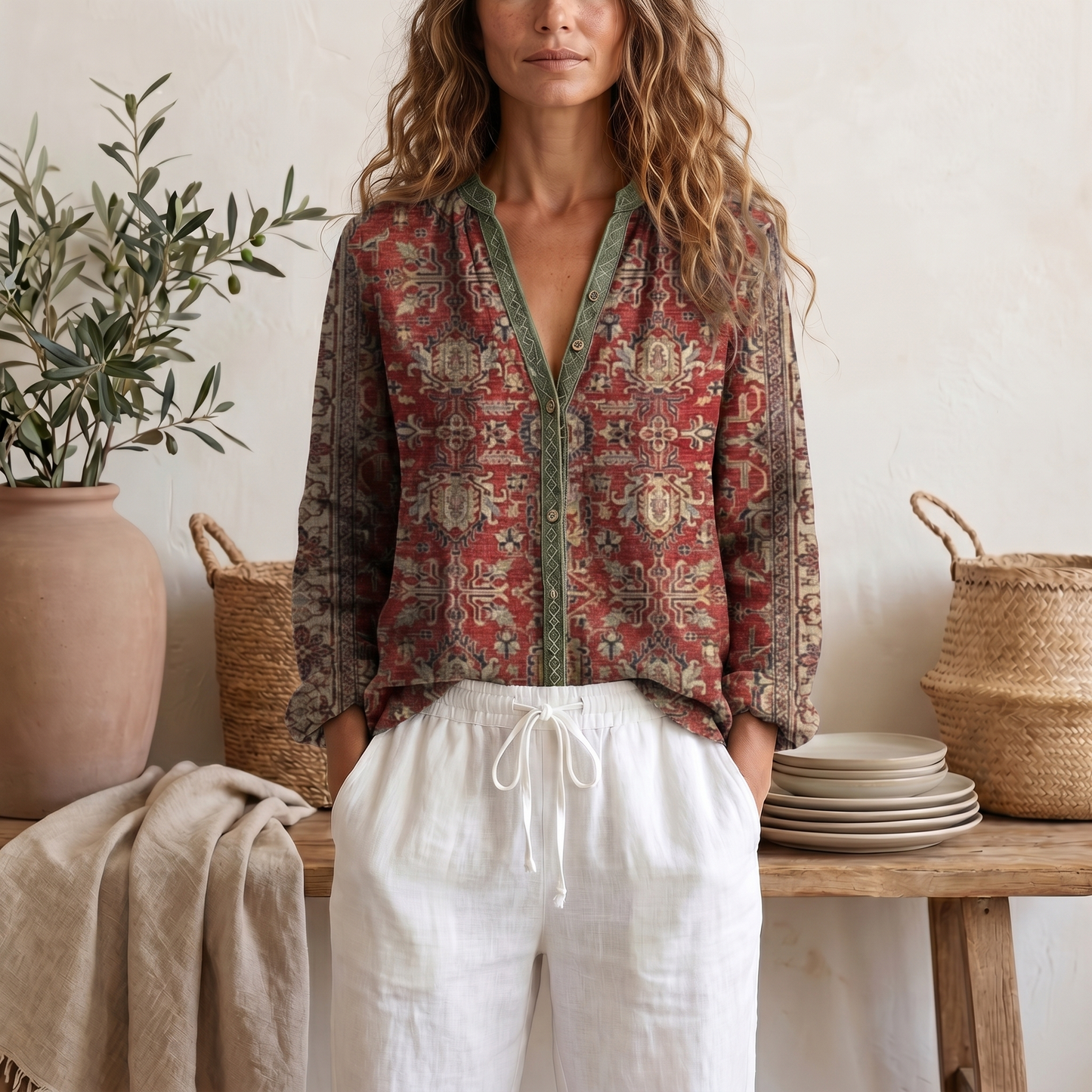 Women's Botanical Print Blouse | Relaxed Fit Long Sleeve Summer Top
