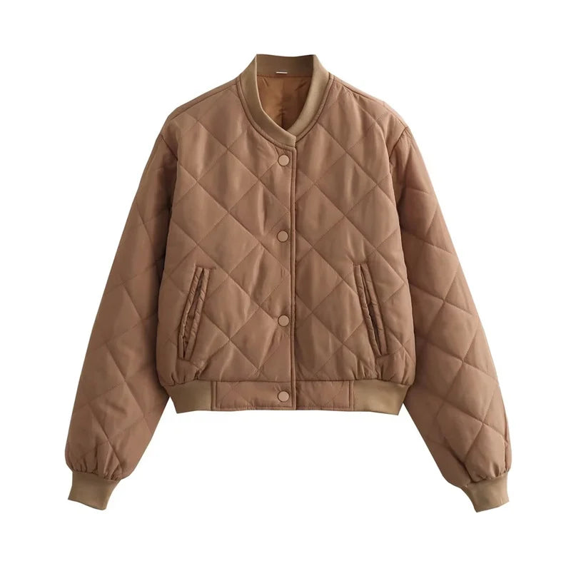 Women's Quilted Polyester Bomber Jacket | Stylish Cropped Winter Outerwear 0