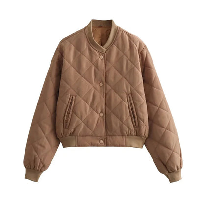 Women's Quilted Polyester Bomber Jacket | Stylish Cropped Winter Outerwear 0