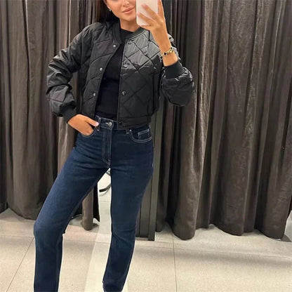 Women's Quilted Polyester Bomber Jacket | Stylish Cropped Winter Outerwear 6