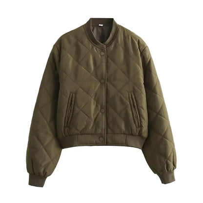 Women's Quilted Polyester Bomber Jacket | Stylish Cropped Winter Outerwear 8