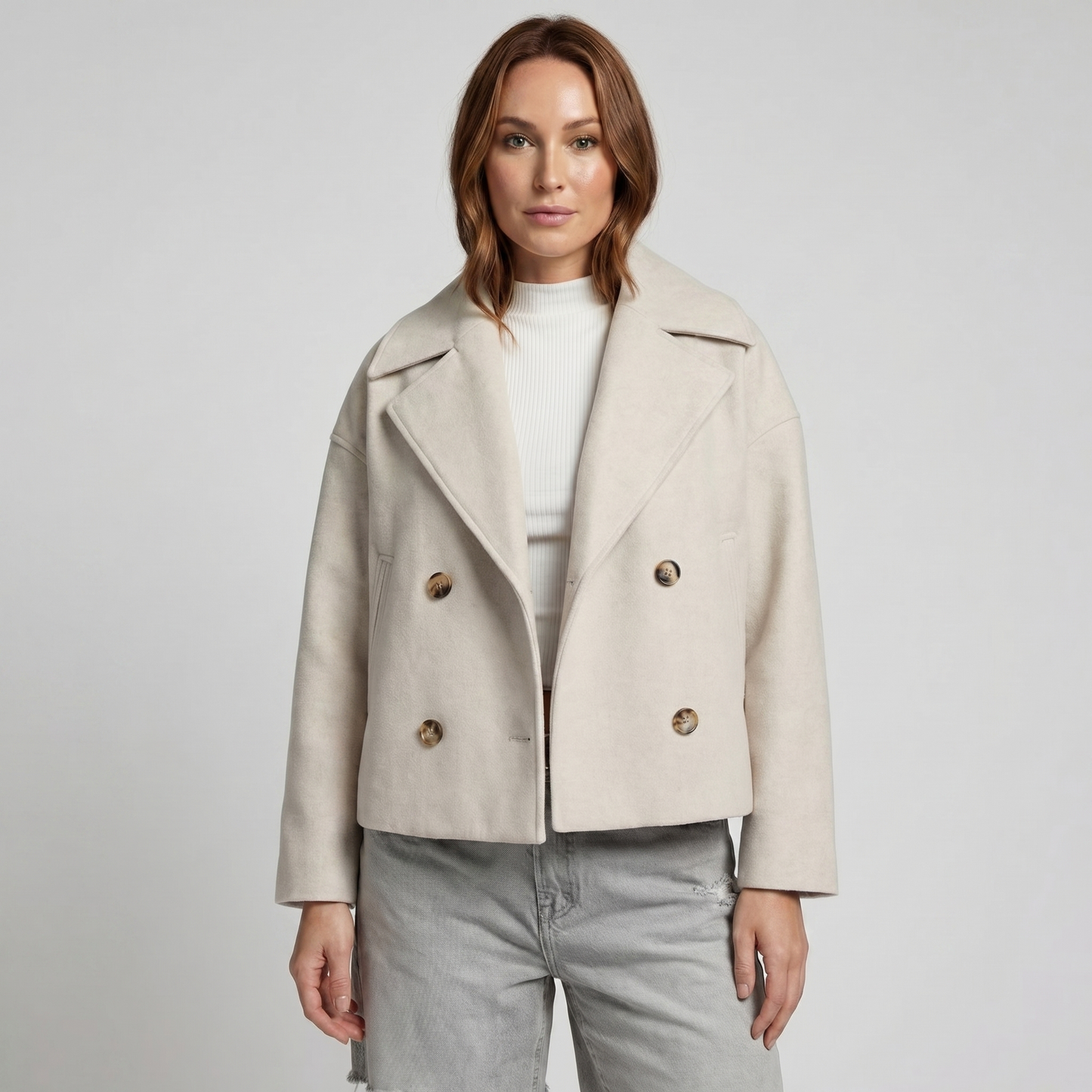 Women's Smooth Polyester Short Jacket | Stylish Double-Breasted Design for Spring & Fall