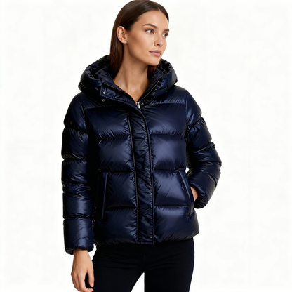 Women's Glossy Quilted Jacket | Stylish Short Hooded Puffer Coat for Cool Weather