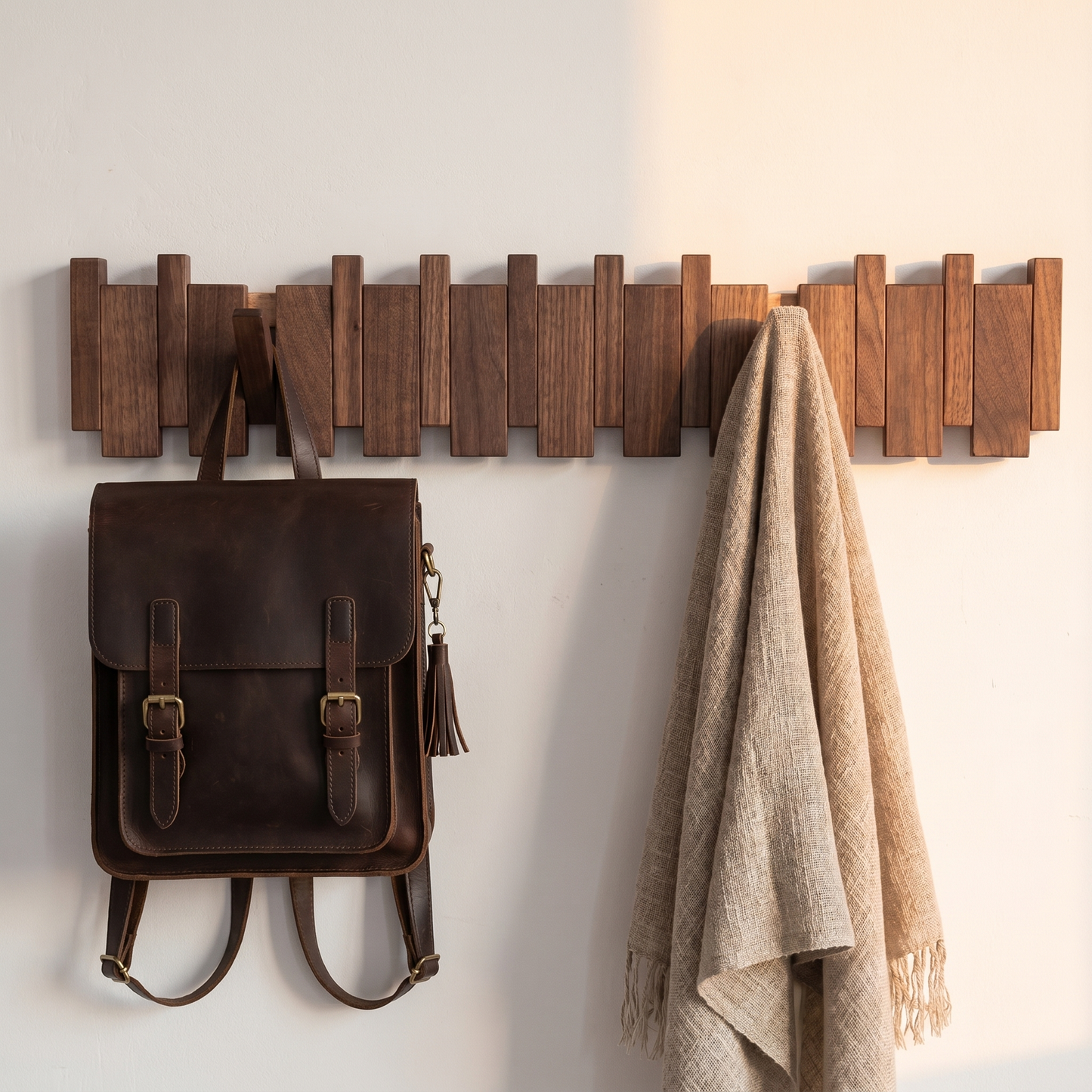 Wooden Wall Shelf with Adjustable Hooks | Beech & Walnut | Artistic Design