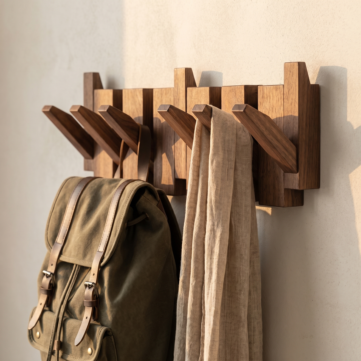 Wooden Wall Shelf with Adjustable Hooks | Beech & Walnut | Artistic Design
