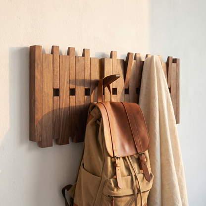 Wooden Wall Shelf with Adjustable Hooks | Beech & Walnut | Artistic Design