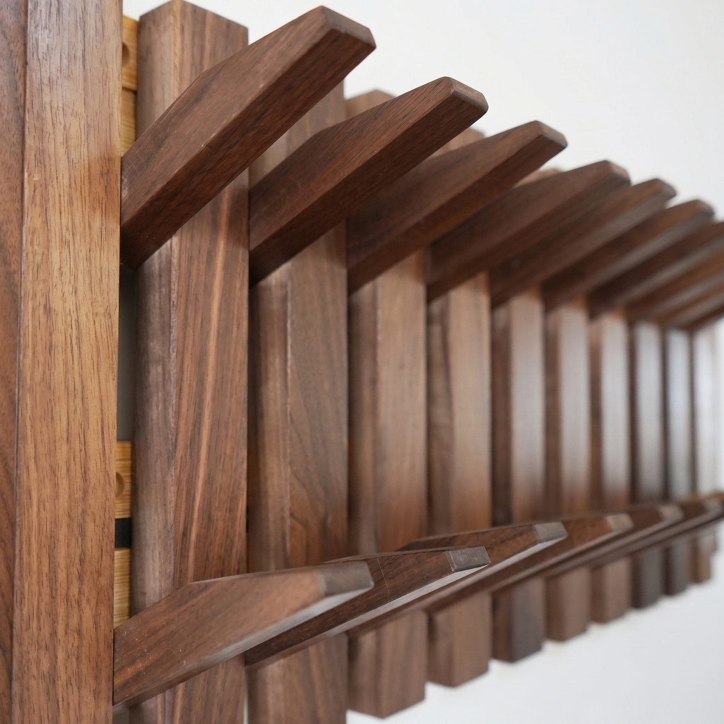 Wooden Wall Shelf with Adjustable Hooks | Beech & Walnut | Artistic Design