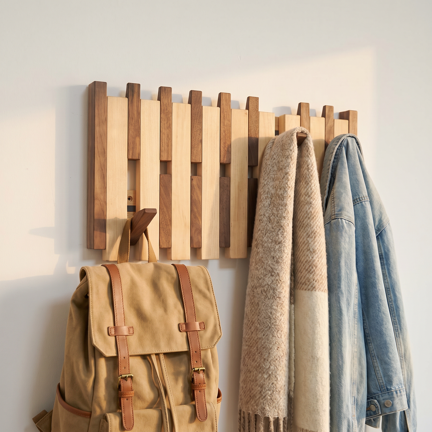 Wooden Wall Shelf with Adjustable Hooks | Beech & Walnut | Artistic Design