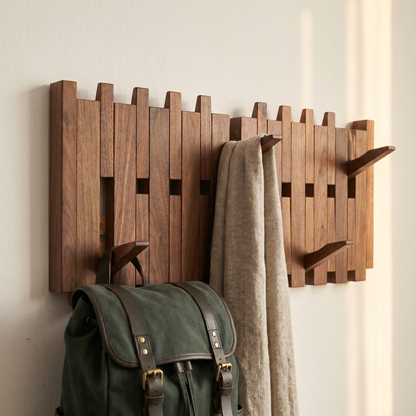 Wooden Wall Shelf with Adjustable Hooks | Beech & Walnut | Artistic Design