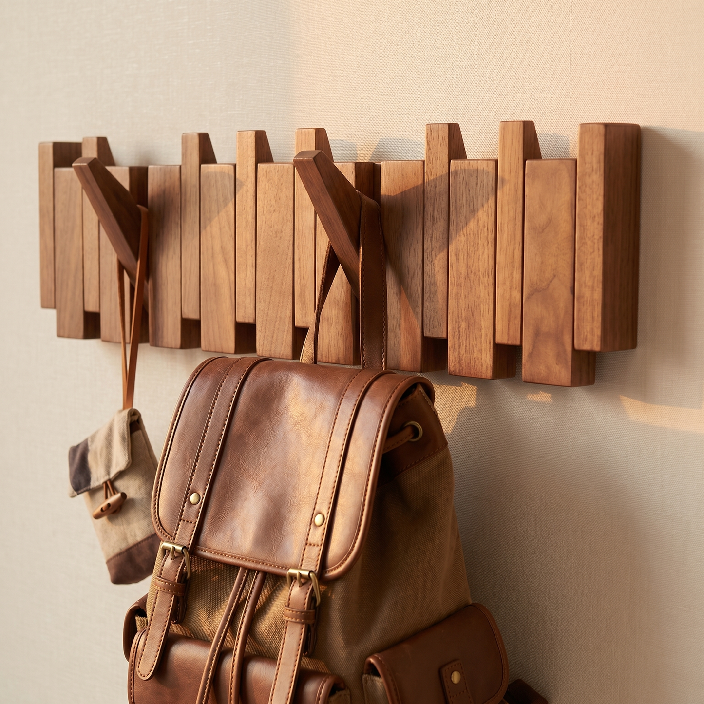 Wooden Wall Shelf with Adjustable Hooks | Beech & Walnut | Artistic Design