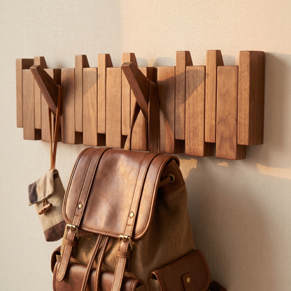 Wooden Wall Shelf with Adjustable Hooks | Beech & Walnut | Artistic Design