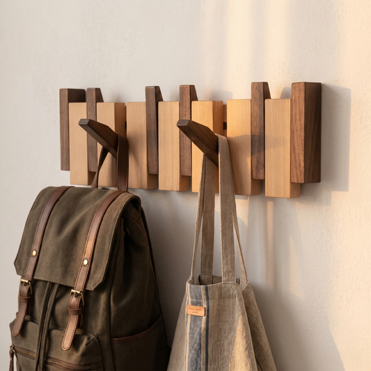 Elegant Wooden Wall Shelf with Adjustable Hooks & Artistic Design for Stylish Storage