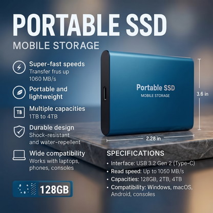High-Speed Portable SSD Drive | 128GB USB-C External Hard Drive for Fast Data Transfer