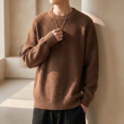 Men's Cotton Blend Waffle Knit Sweater | Cozy Casual Crew Neck Jumper