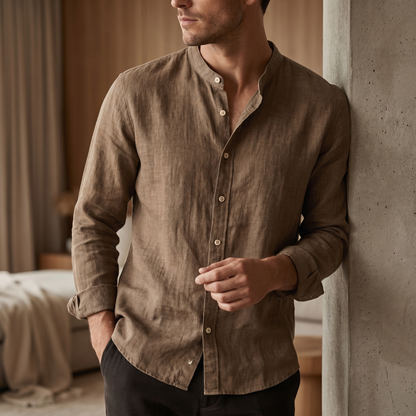 Men's Linen Blend Shirt | Slim Fit Henley Collar | Casual Summer Top