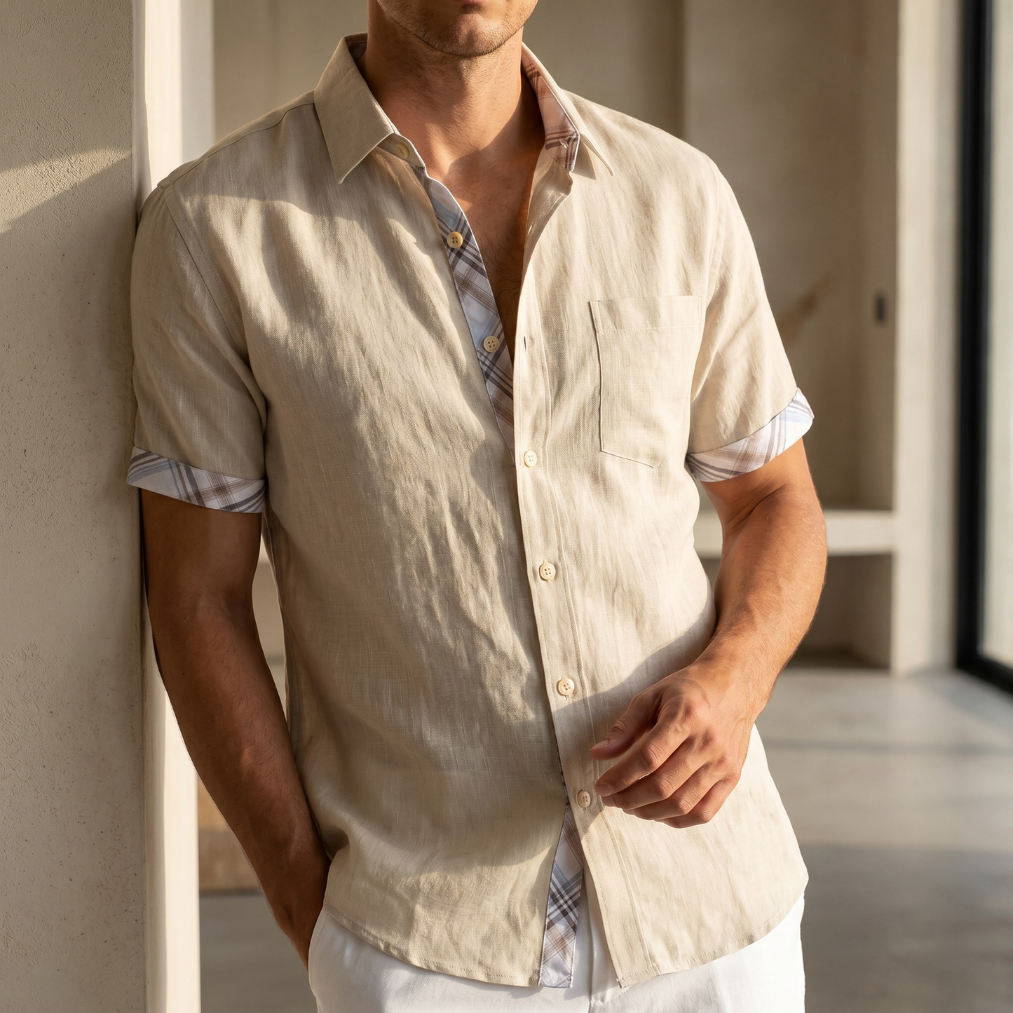 Men's Cotton Short Sleeve Shirt | Graphic Check Pattern | Casual Summer Top
