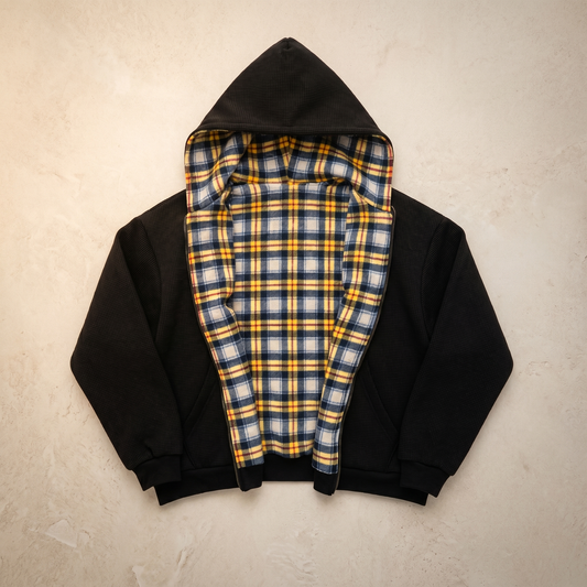 Men's Stylish Polyester Patchwork Hoodie | Modern Checkered Zipper Sweatshirt