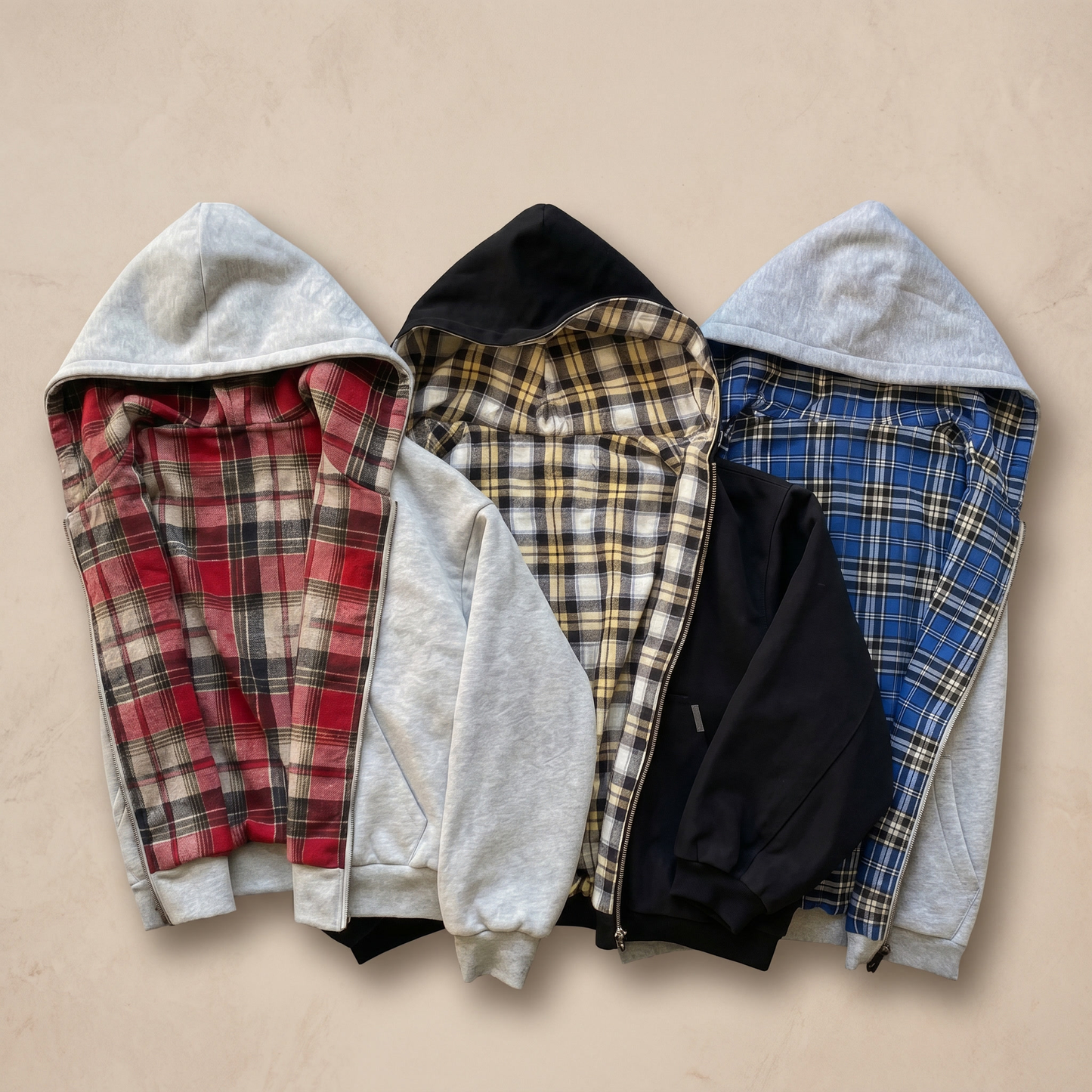 Men's Checkered Patchwork Zip Hoodie | Polyester Casual Sweatshirt