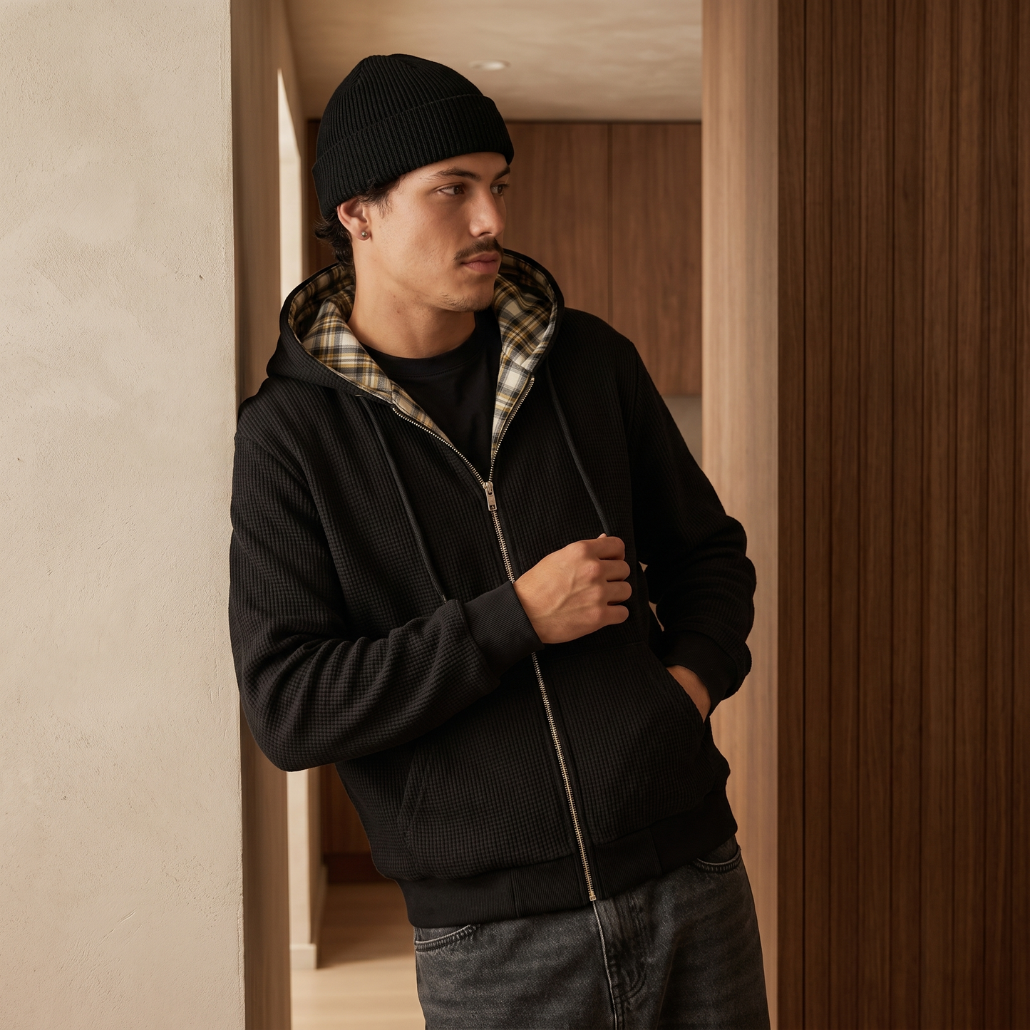 Men's Checkered Patchwork Zip Hoodie | Polyester Casual Sweatshirt