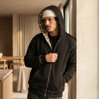 Men's Checkered Patchwork Zip Hoodie | Polyester Casual Sweatshirt