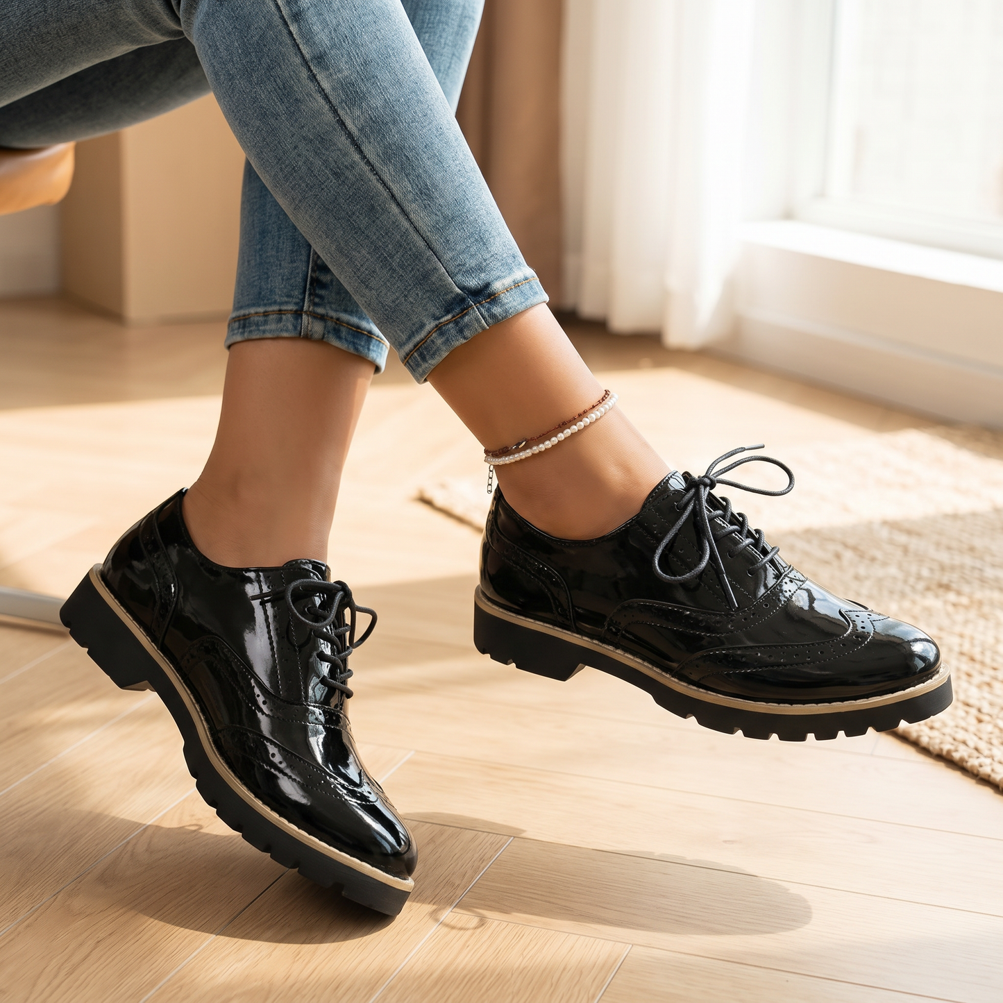 Women's Patent Leather Brogue Shoes | Oxford Style | Comfortable All-Day Wear
