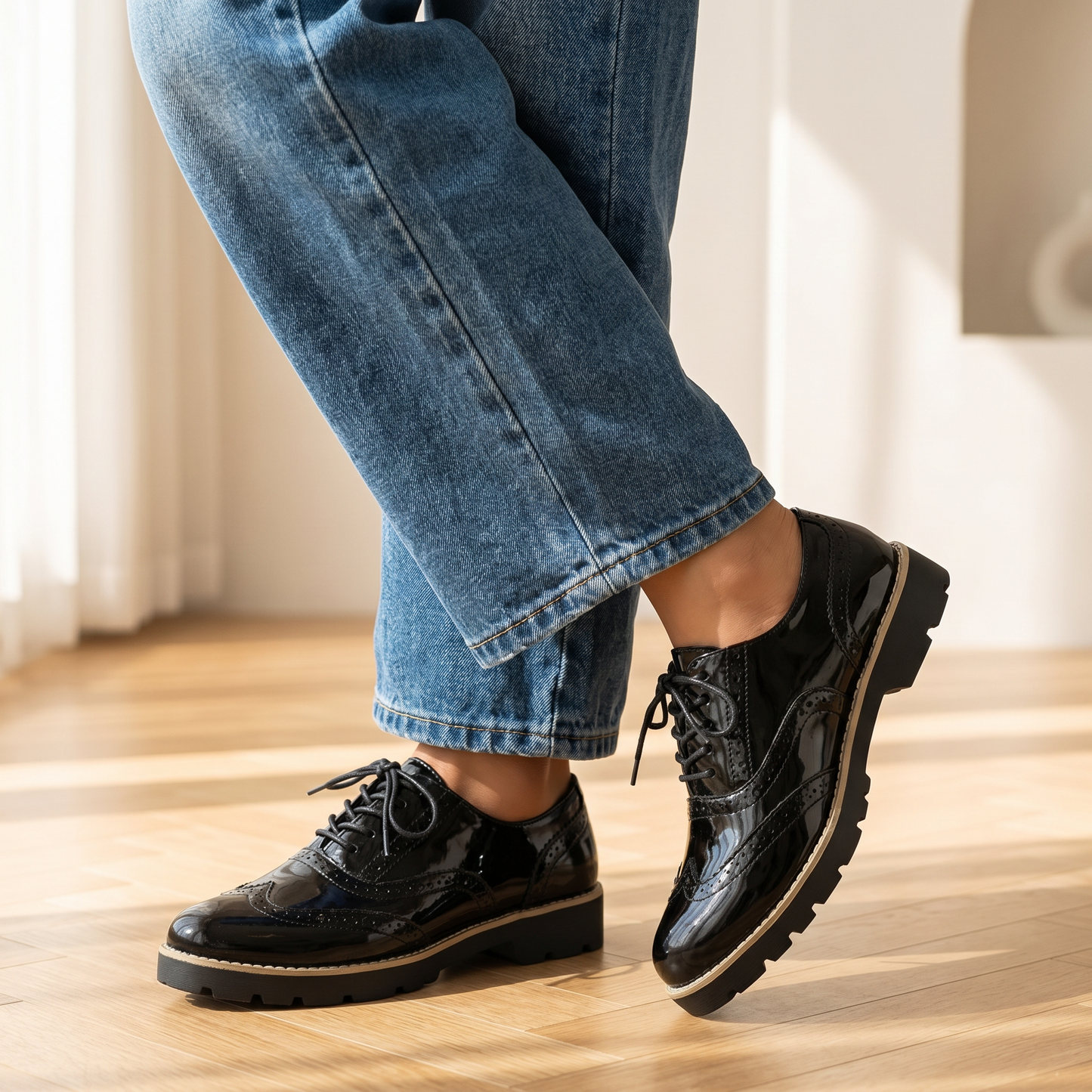Women's Patent Leather Brogue Shoes | Oxford Style | Comfortable All-Day Wear