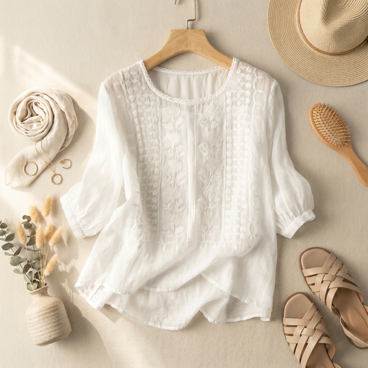 Women's Floral Embroidered Blouse | Relaxed Fit Breathable Summer Top