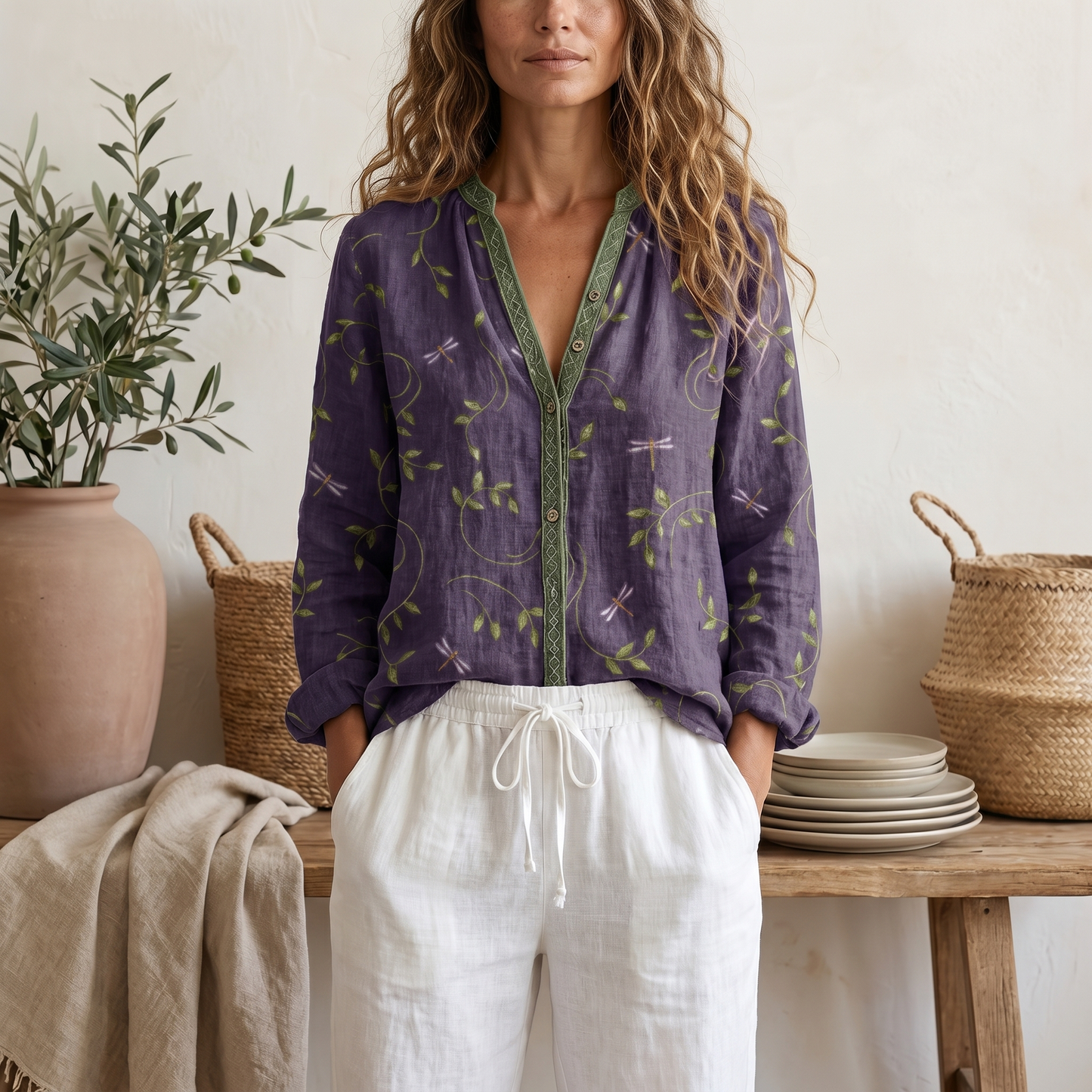 Women's Botanical Print Blouse | Relaxed Fit Long Sleeve Summer Top