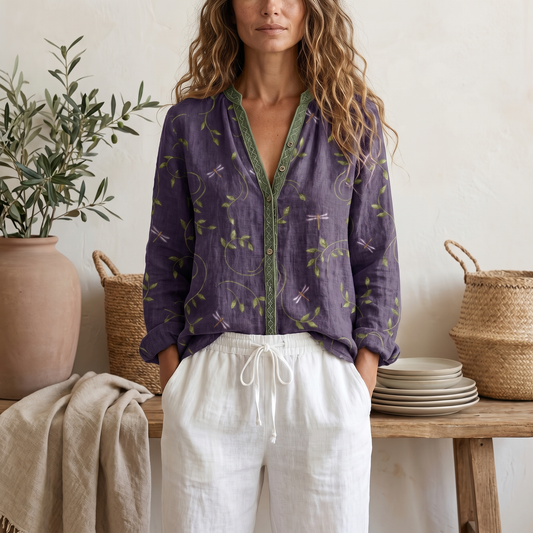 Women's Botanical Print Blouse | Relaxed Fit Long Sleeve Summer Top