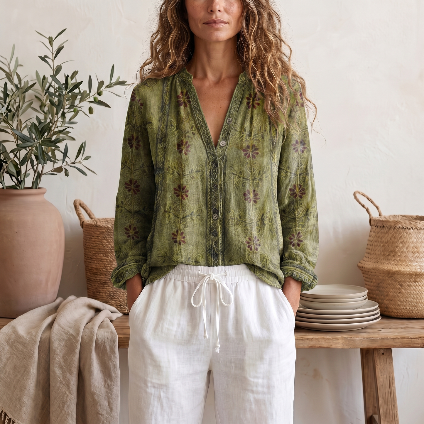 Women's Botanical Print Blouse | Relaxed Fit Long Sleeve Summer Top