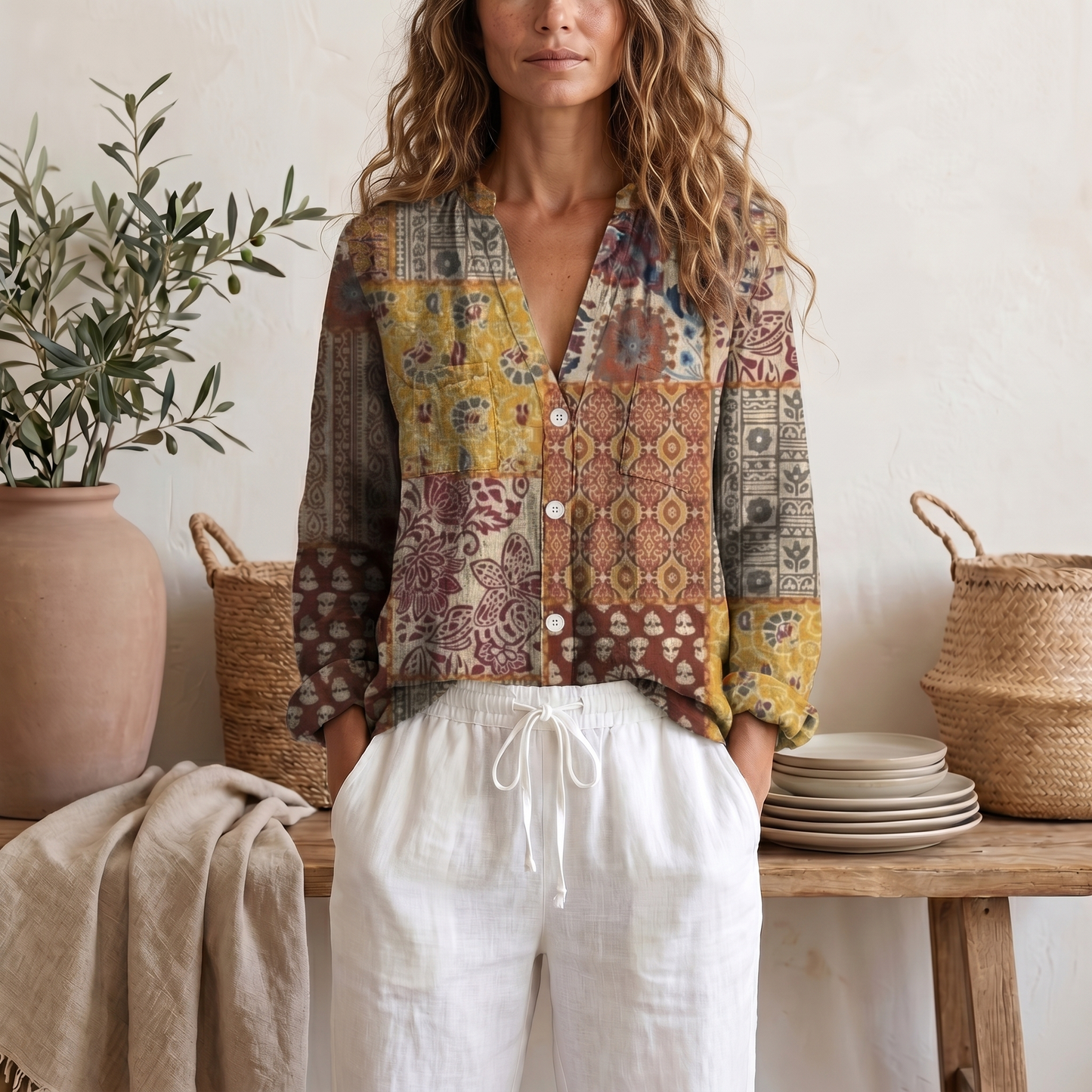 Women's Botanical Print Blouse | Relaxed Fit Long Sleeve Summer Top