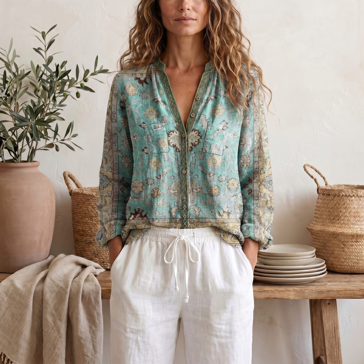 Women's Botanical Print Blouse | Relaxed Fit Long Sleeve Summer Top