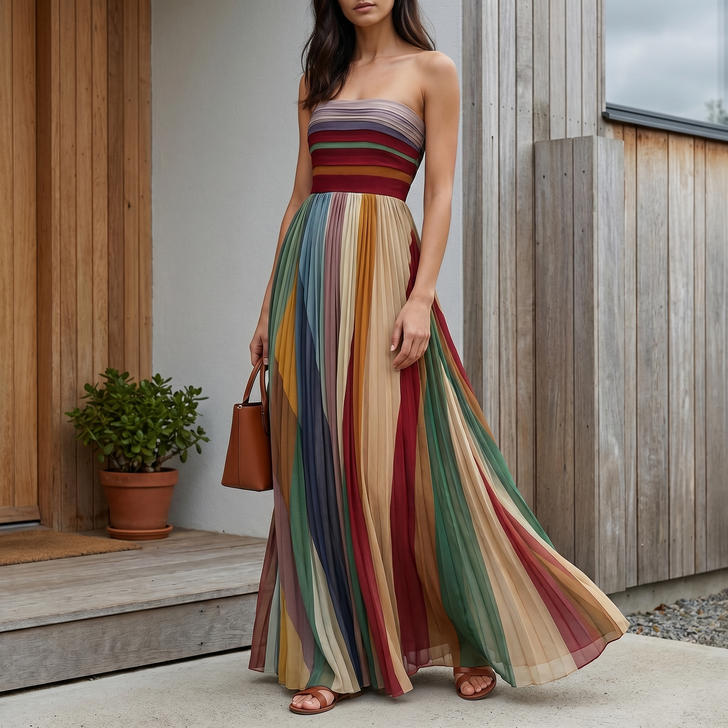Women's Strapless Pleated Maxi Dress | Relaxed Flowing Summer Dress