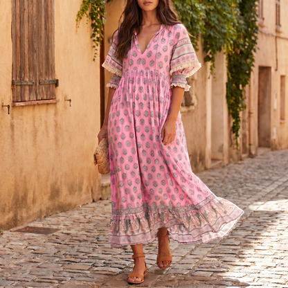 Women's Floral Print V-Neck Dress | Flowy Summer Cocktail Dress