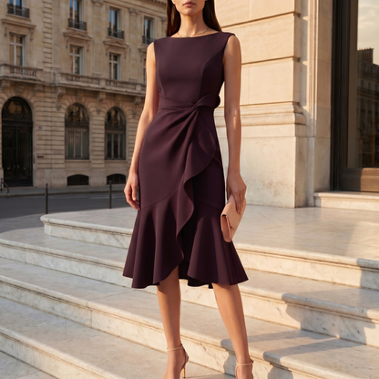Women's Draped Asymmetric Midi Dress | Sleeveless Cocktail Dress