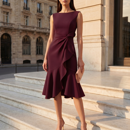 Women's Draped Asymmetric Midi Dress | Sleeveless Cocktail Dress