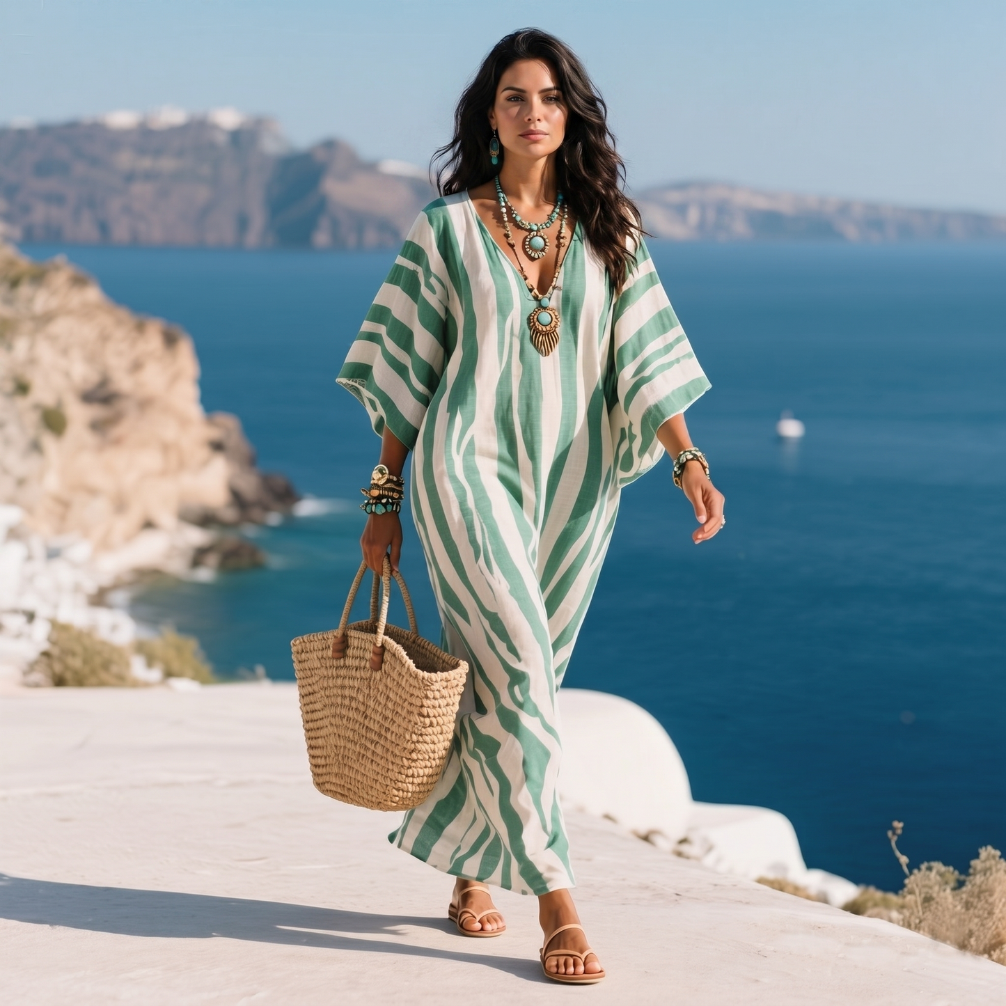 Women's Striped Kaftan Dress | Flowy Beach Cover-Up Summer Dress