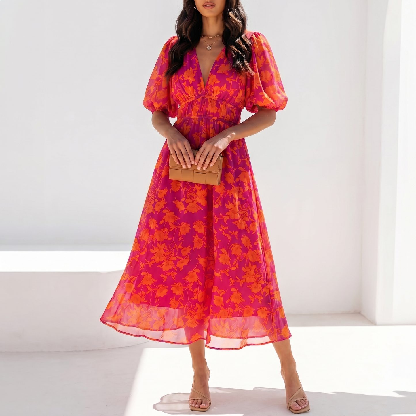 Women's Floral Print Midi Dress | Puff Sleeve Summer Dress