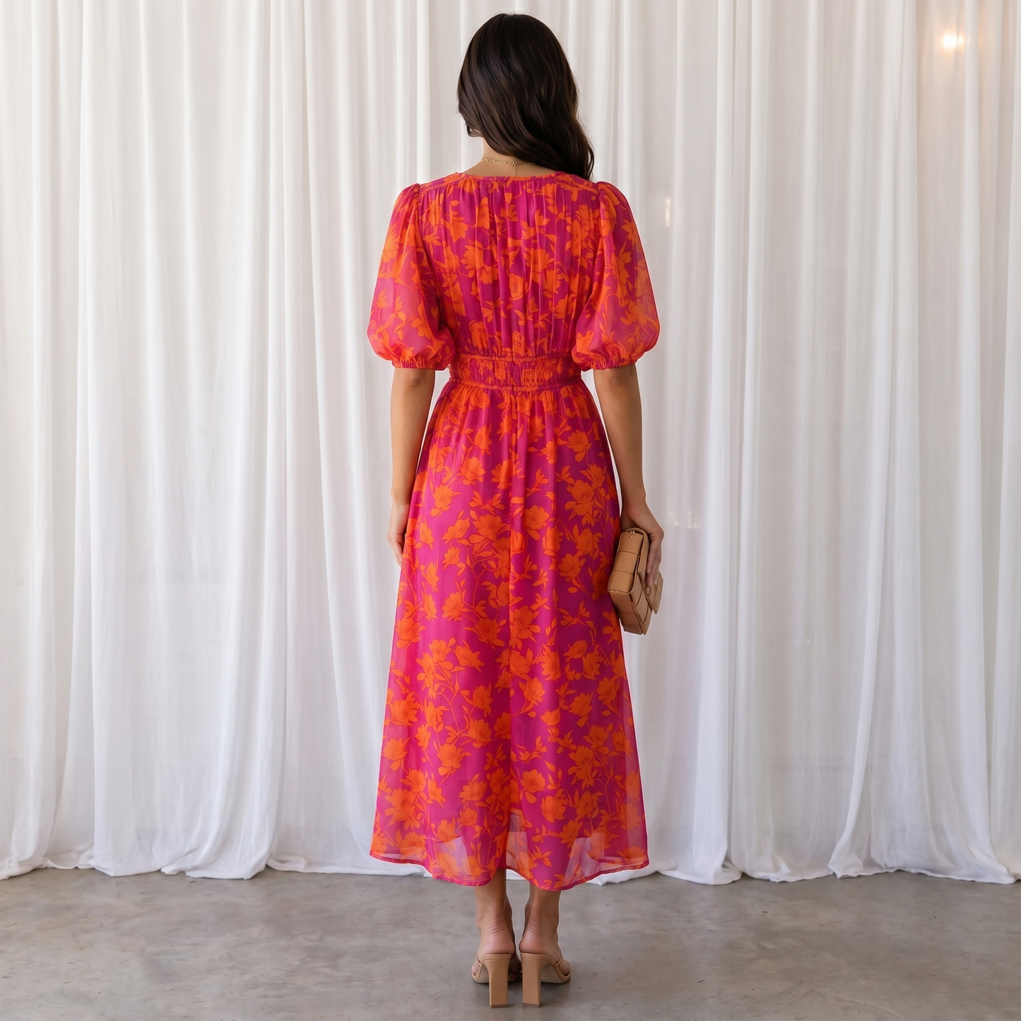 Women's Floral Print Midi Dress | Puff Sleeve Summer Dress