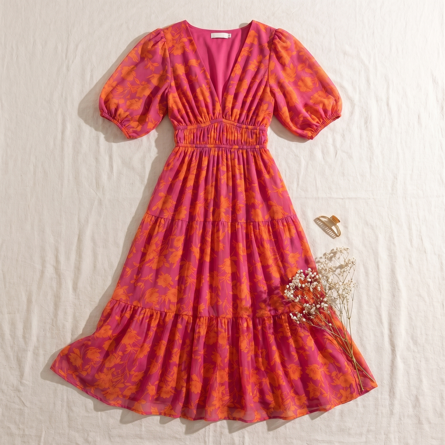 Women's Floral Print Midi Dress | Puff Sleeve Summer Dress