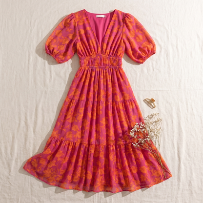 Women's Floral Print Midi Dress | Puff Sleeve Summer Dress