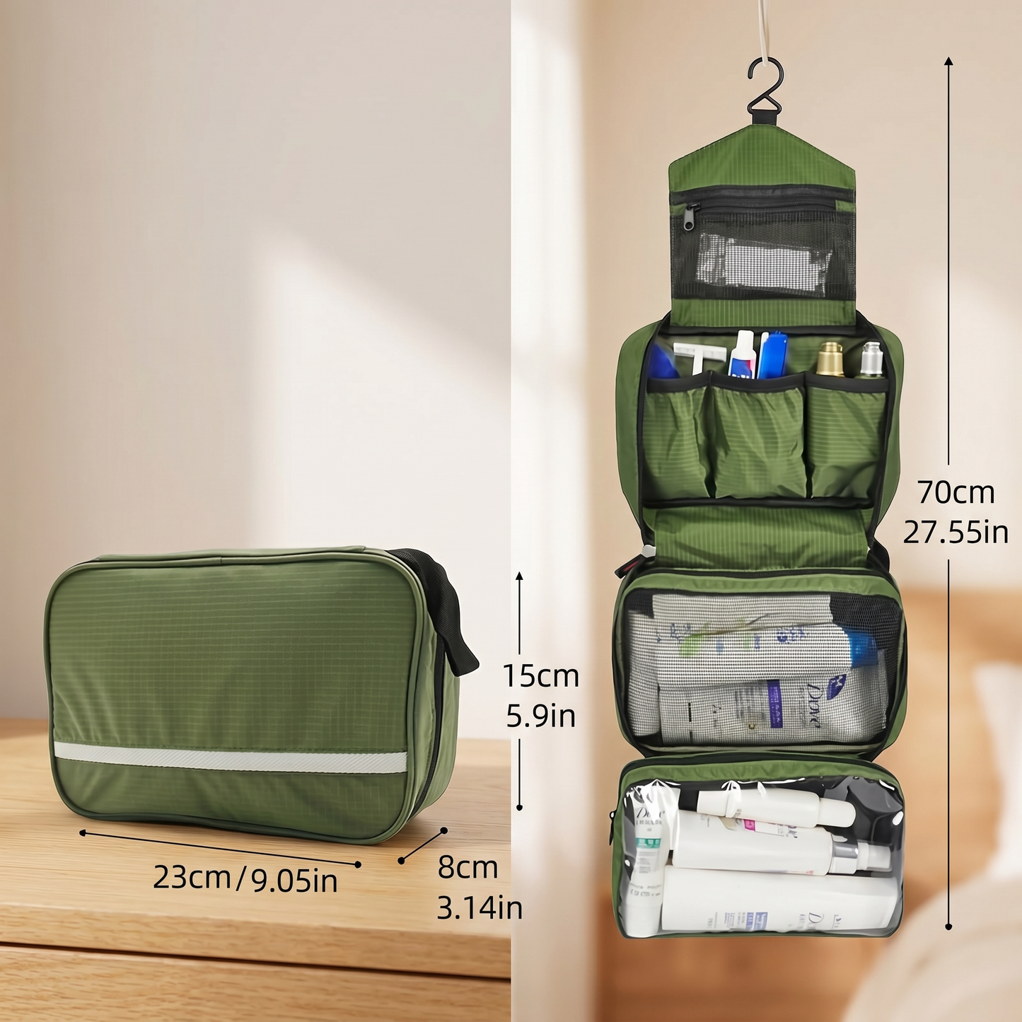Hanging Toiletry Bag | Compact Travel Organiser | Zipper Closure