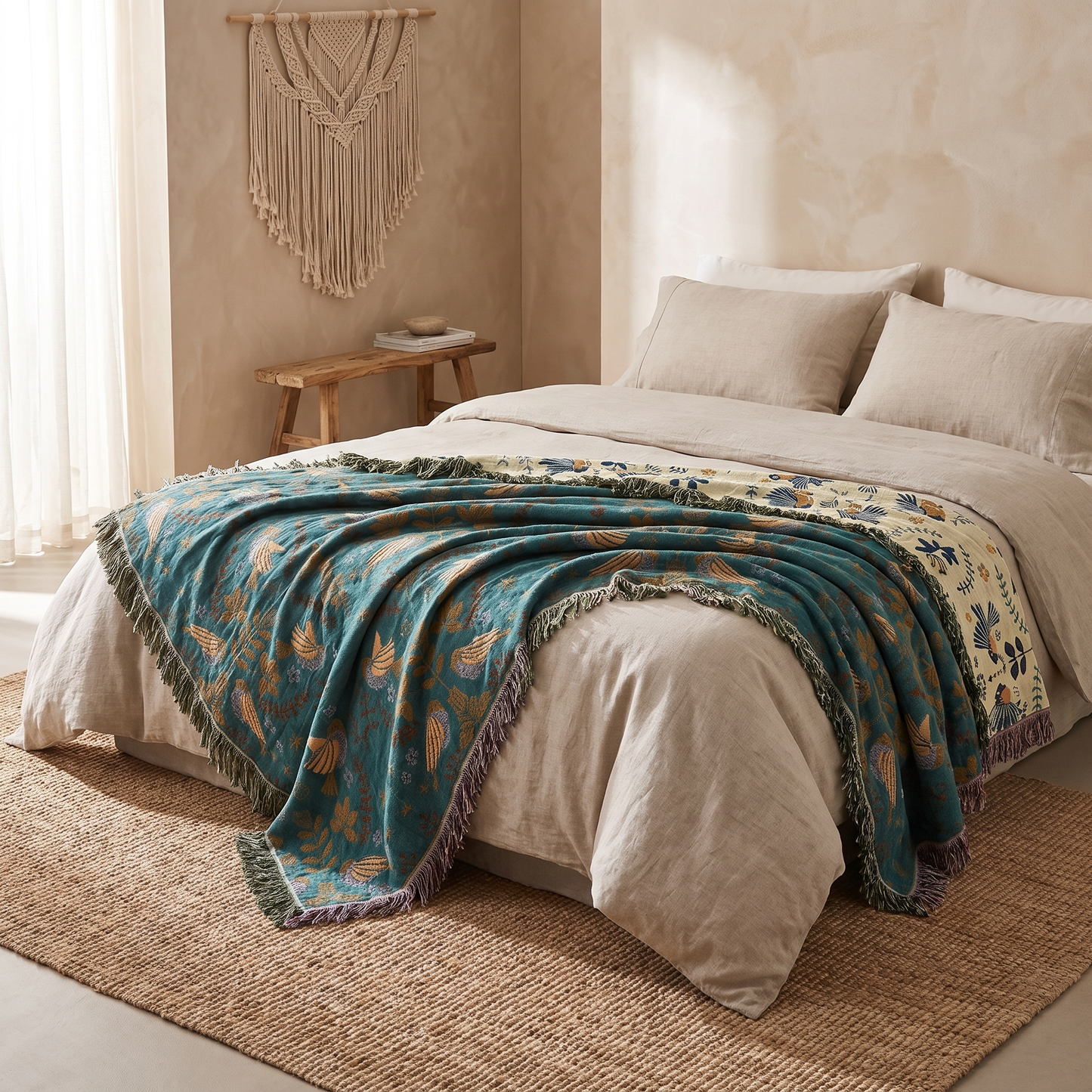 Nordic Comfort | Reversible Cotton Throw Blanket with Elegant Bird Design | Cozy Accent for Home Decor