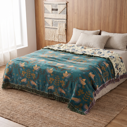 Nordic Comfort | Reversible Cotton Throw Blanket with Elegant Bird Design | Cozy Accent for Home Decor
