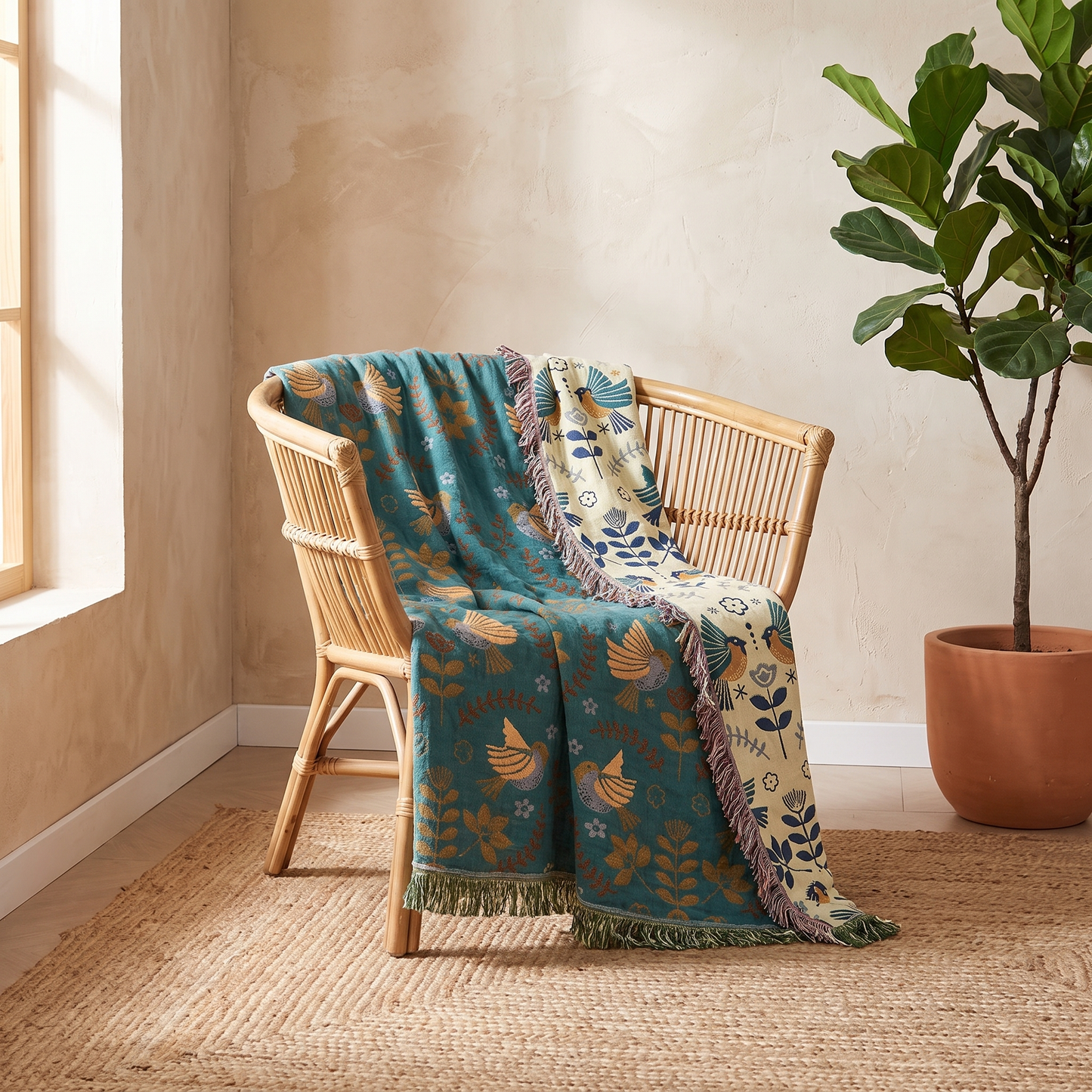 Nordic Comfort | Reversible Cotton Throw Blanket with Elegant Bird Design | Cozy Accent for Home Decor