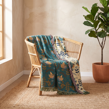 Nordic Comfort | Reversible Cotton Throw Blanket with Elegant Bird Design | Cozy Accent for Home Decor