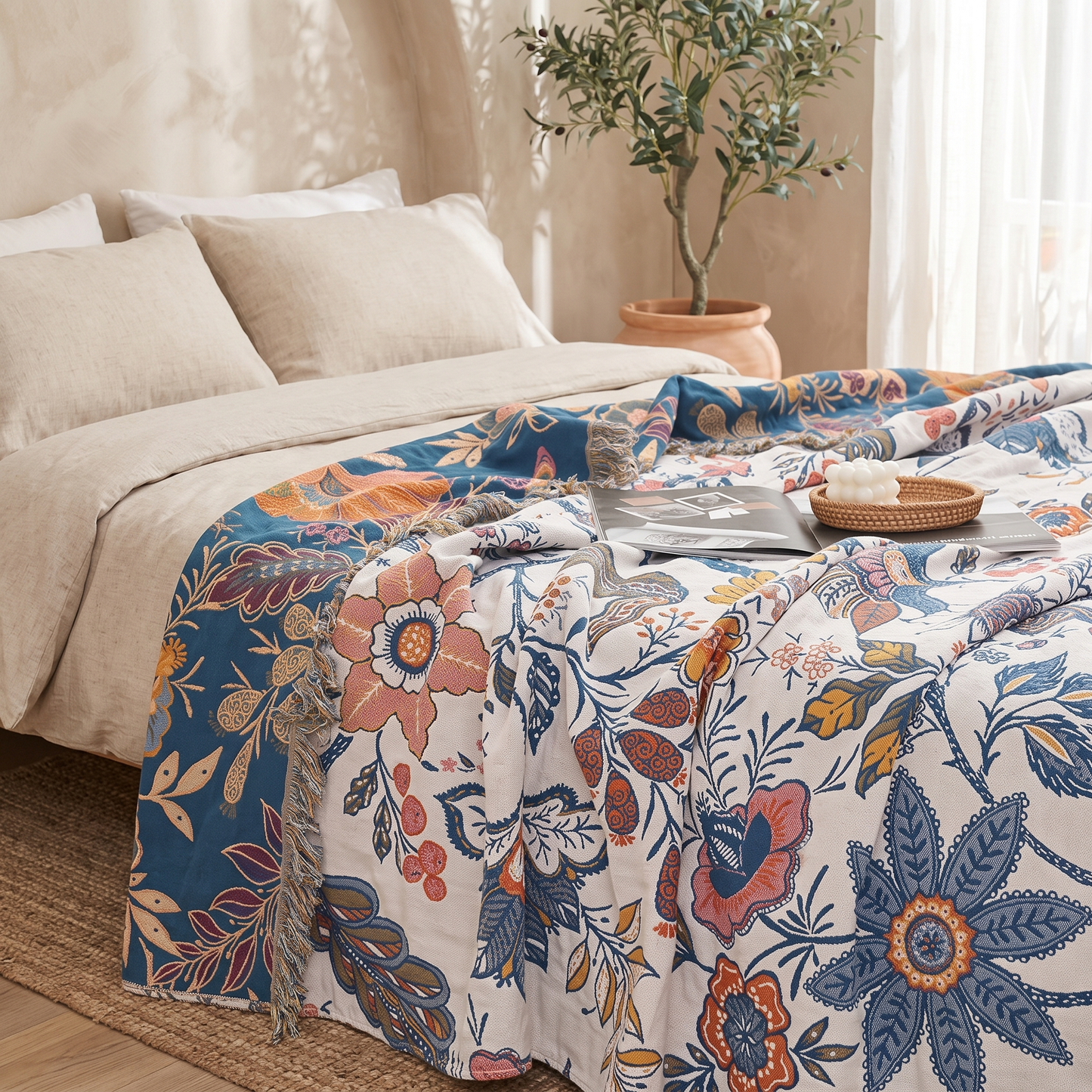 Rustic Floral Throw Blanket | 100% Cotton, Reversible Design | Elegant Home Décor for Year-Round Comfort