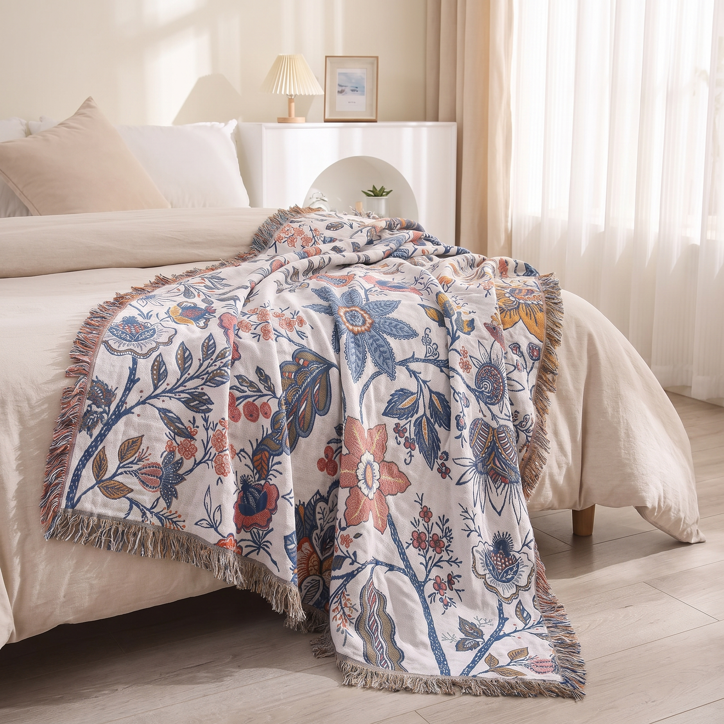 Rustic Floral Throw Blanket | 100% Cotton, Reversible Design | Elegant Home Décor for Year-Round Comfort