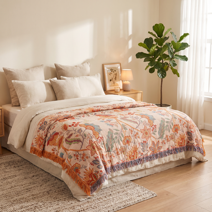 Boho Bliss | Cotton Floral Throw Blanket with Playful Fringe | Cozy Home Decor for Relaxation